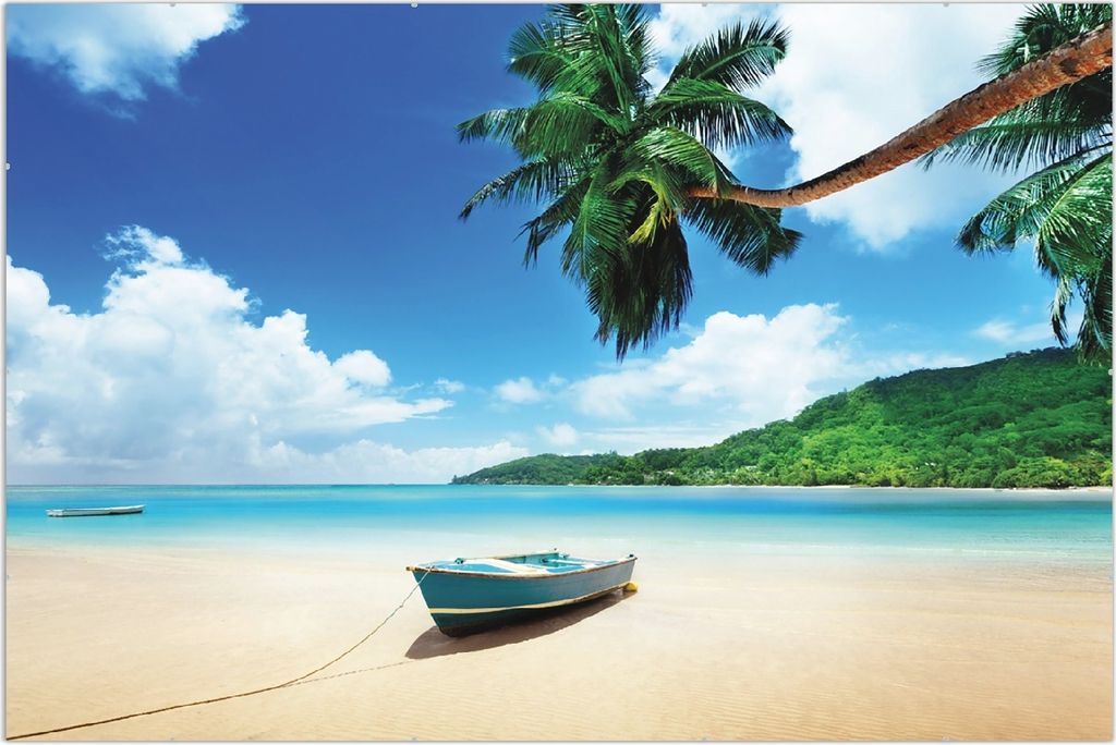 Wallario Wandbild Urlaub am Palmenstrand unter Palmen mit Fischerboot, Größe: 61 x 91,5 cm, Poster mit rahmenlosen Bildhalter