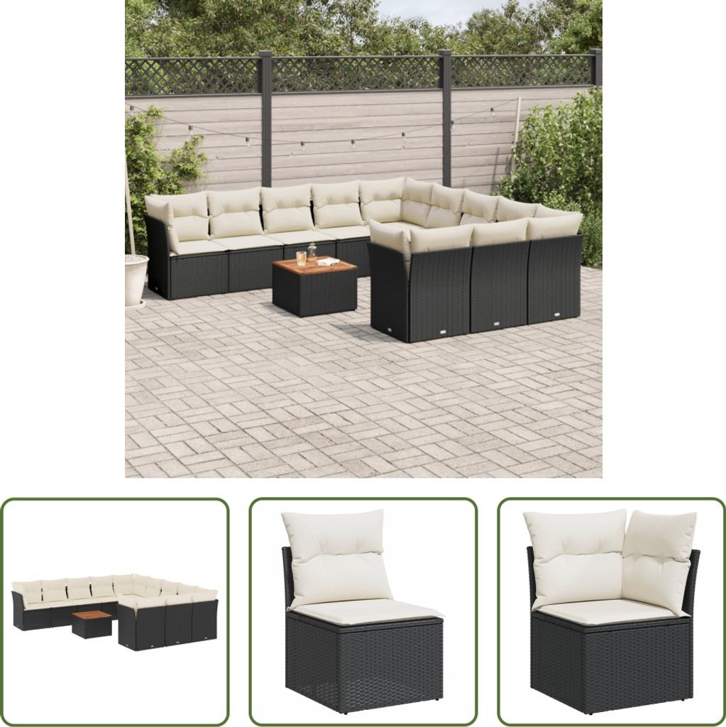 The Living Store 12-tlg. Garten-Sofagarnitur mit Kissen Schwarz Poly Rattan