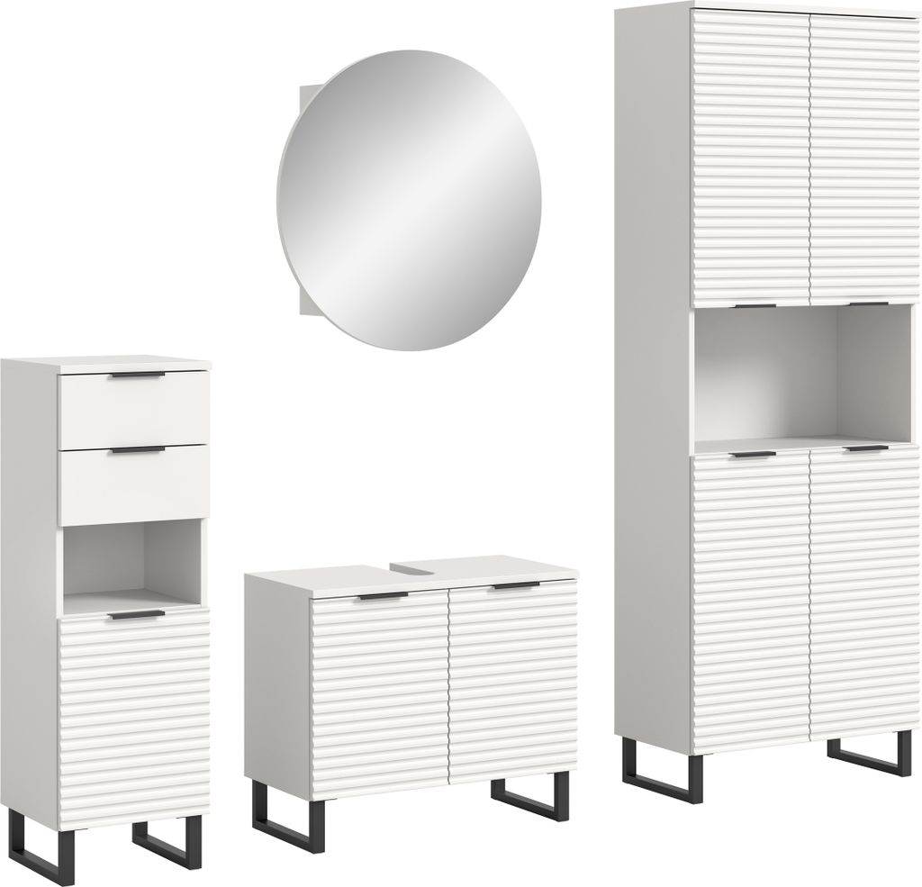 Badezimmer-Set >Riff< (4-teilig) wertige Rillenoptik Weiß / Spiegel - 205x193x34cm (BxHxT)