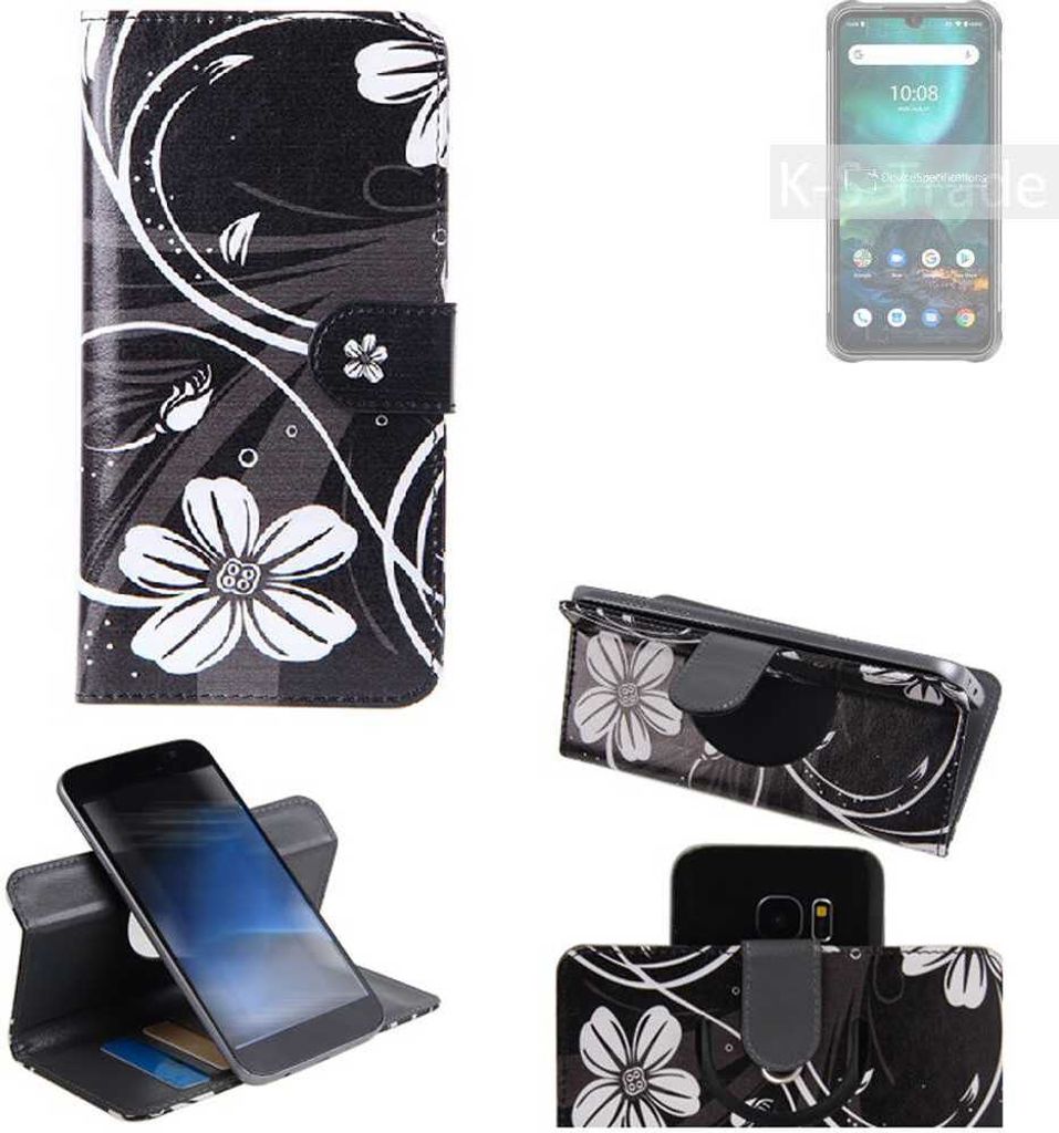 K-S-Trade Schutzhülle Handyhülle kompatibel mit UMIDIGI Bison Hülle 360° Wallet Case ''Flowers'' Klapphülle Hülle schwarz-weiß 1x