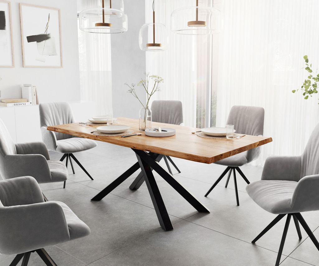 DELIFE Esstisch Edge 200x100 Akazie Natur Kreuzgestell Rechteck Schwarz Live-Edge