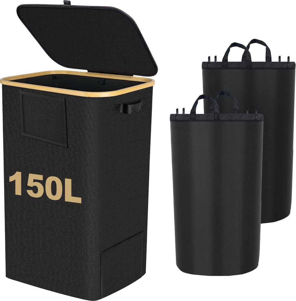 Wäschekorb mit Deckel Schwarz, 150L Wäschesammler, Wäschekorb 2 Fächer Wäschesortierer Wäschekörbe Bambusrahmen Faltbar, für Schlafzimmer W...