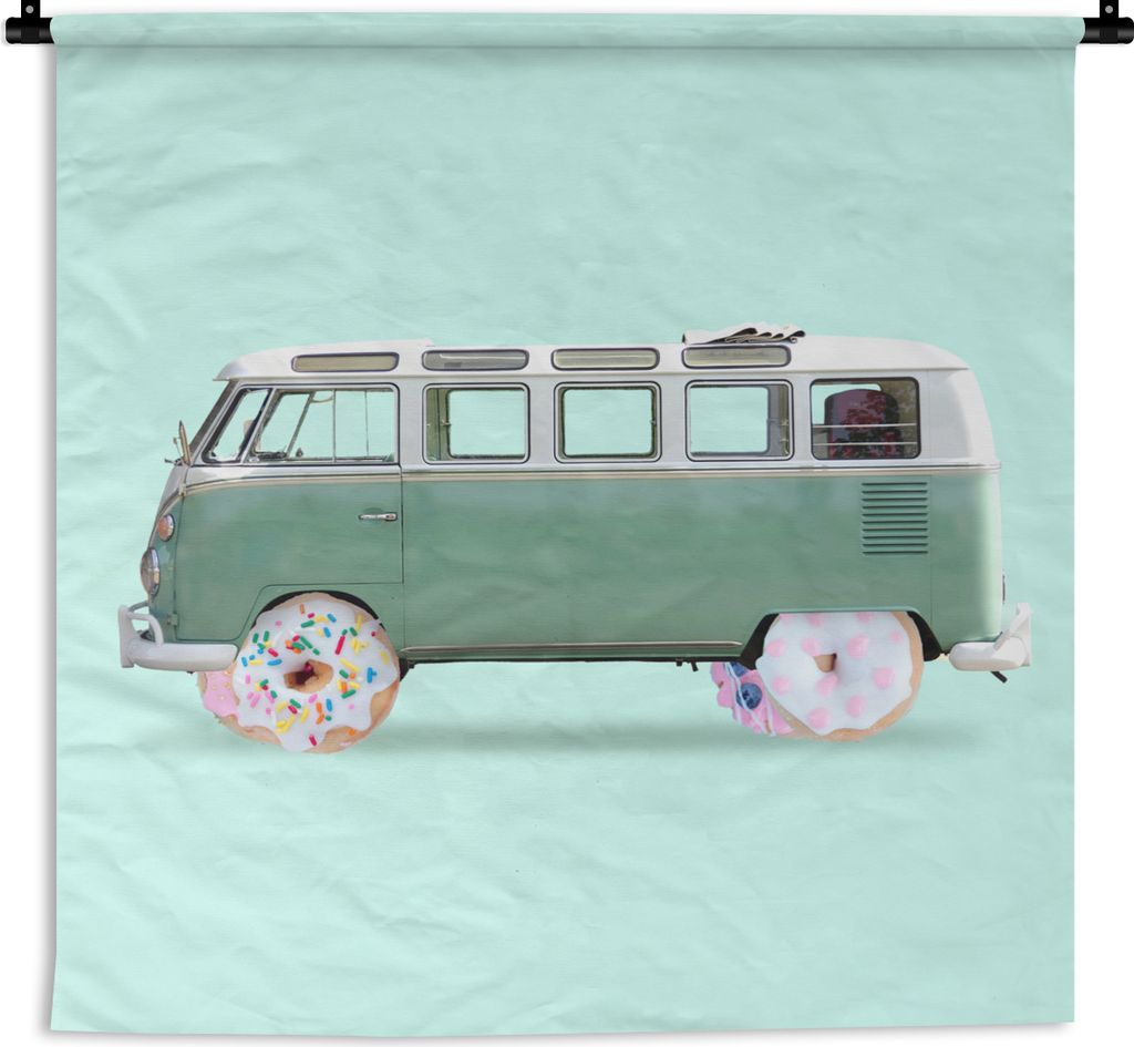 MuchoWow Wandteppich Wandbehang Donuts - Lieferwagen - Auto - Grün 150x150 cm Tapisserie Dekoration Wandtuch - Wohnaccessoires - Modernes