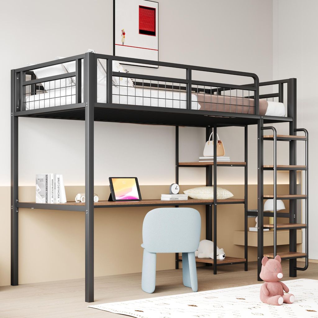 Sweiko Metall-Hochbett, 90x200 cm, Sicherheitsleiter mit Treppenstufen, Einzelbett, Kinderbett mit Tisch und Regalen, Metallgitter-Sicherheitszaun,...
