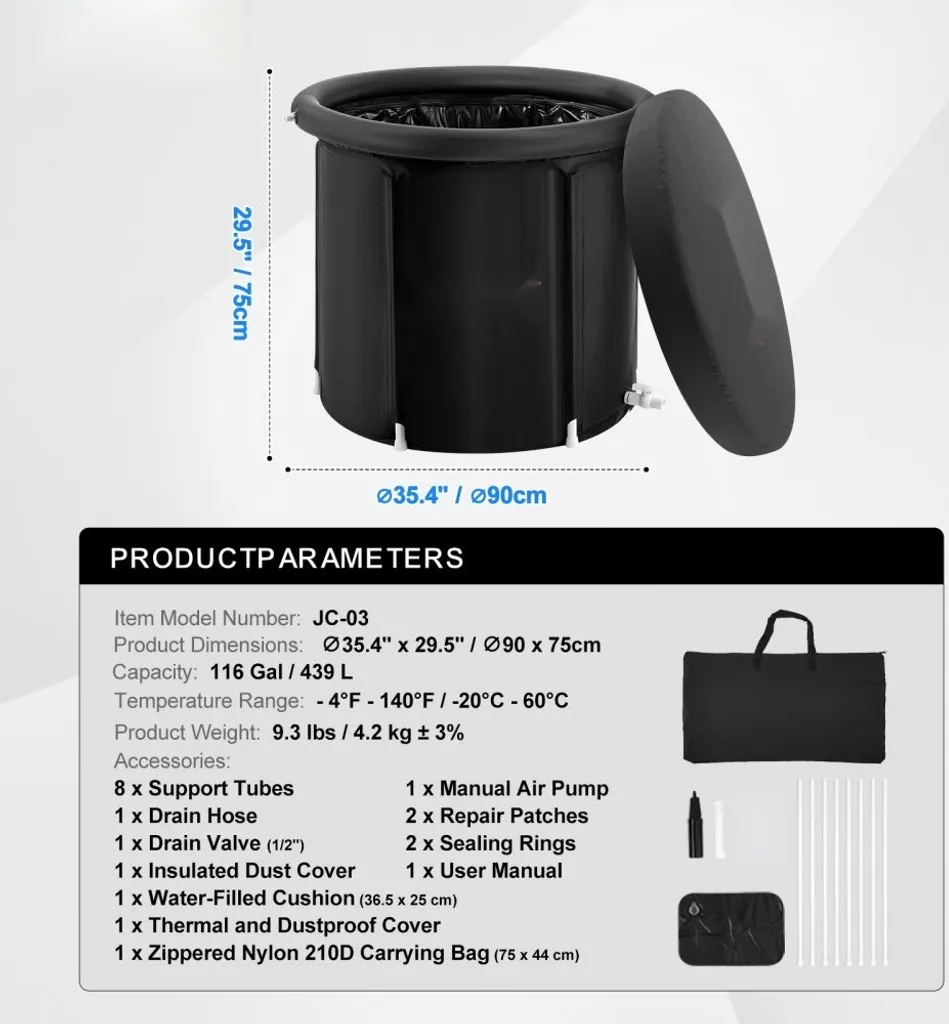 Bain froid gonflable isolant de 370L - Thérapie à l'eau froide 90x75 cm