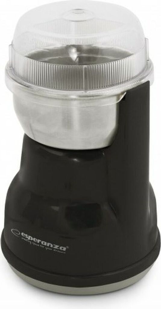 A black and silver automatic coffee grinder with a clear lid.