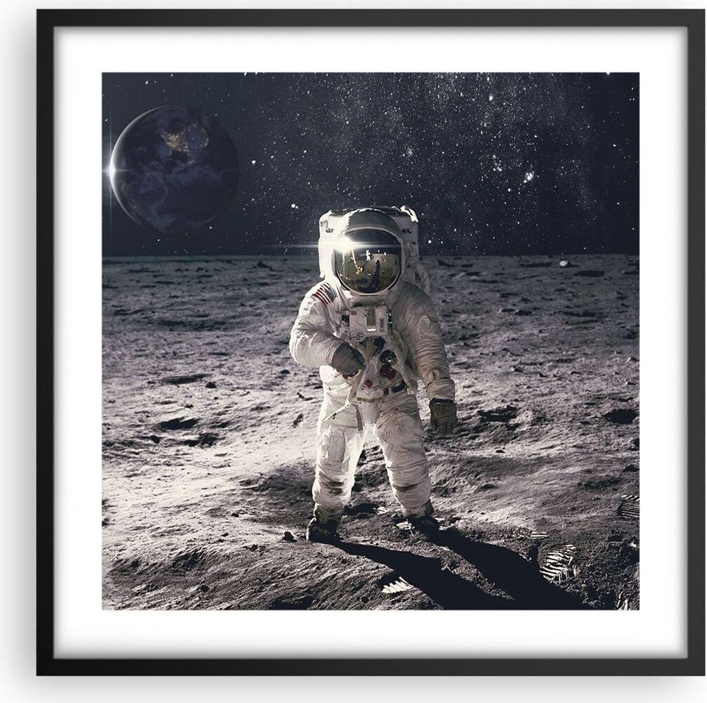 Gerahmtes Poster - Schwarzer Rahmen - Mond Erde Astronaut - 50x50 cm - Wand Bild - Wanddeko - Wandbilder - Kunstposter - Wandposter - Bilderrahmen ...