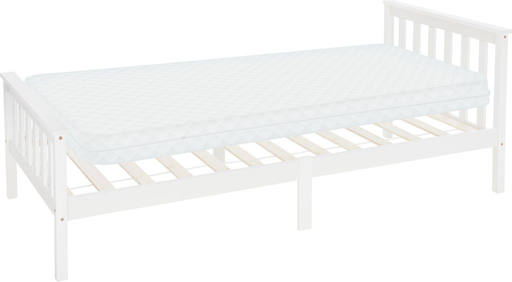 A white wooden bed frame with a white mattress on a white background.