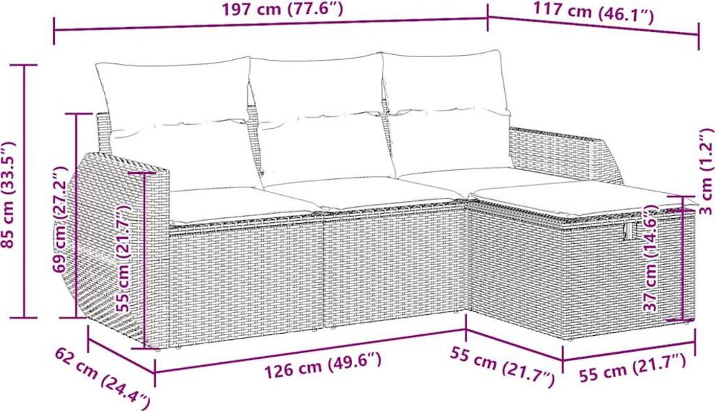 vidaXL 4-tlg. Garten-Sofagarnitur mit Kissen Schwarz Poly Rattan