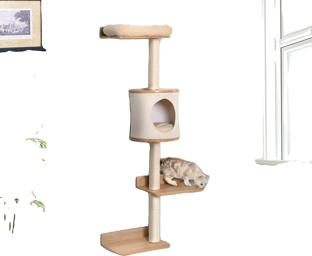 Arbre à chat en bois 3 couches - Structure stable et design bois naturel