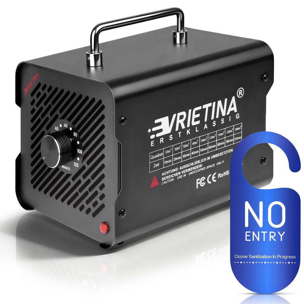 A black ozone generator with a silver handle is shown on a white background, with a blue 'NO ENTRY' sign to the right.