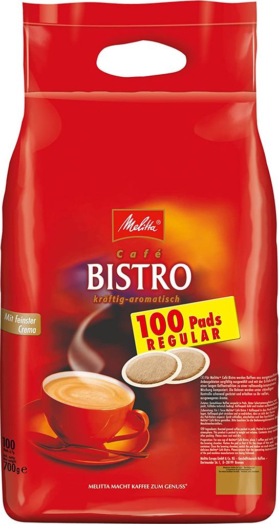 A red bag of Melitta Bistro coffee pads with an image of a coffee cup.