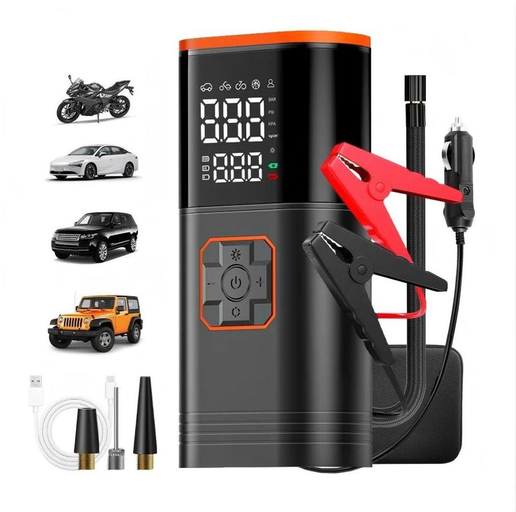 Tragbare Auto-Starthilfe - 4-in-1 Jump Starter - 150 PSI Luftkompressor - Digitalanzeige - Powerbank 14,8 V - Standardklemmen
