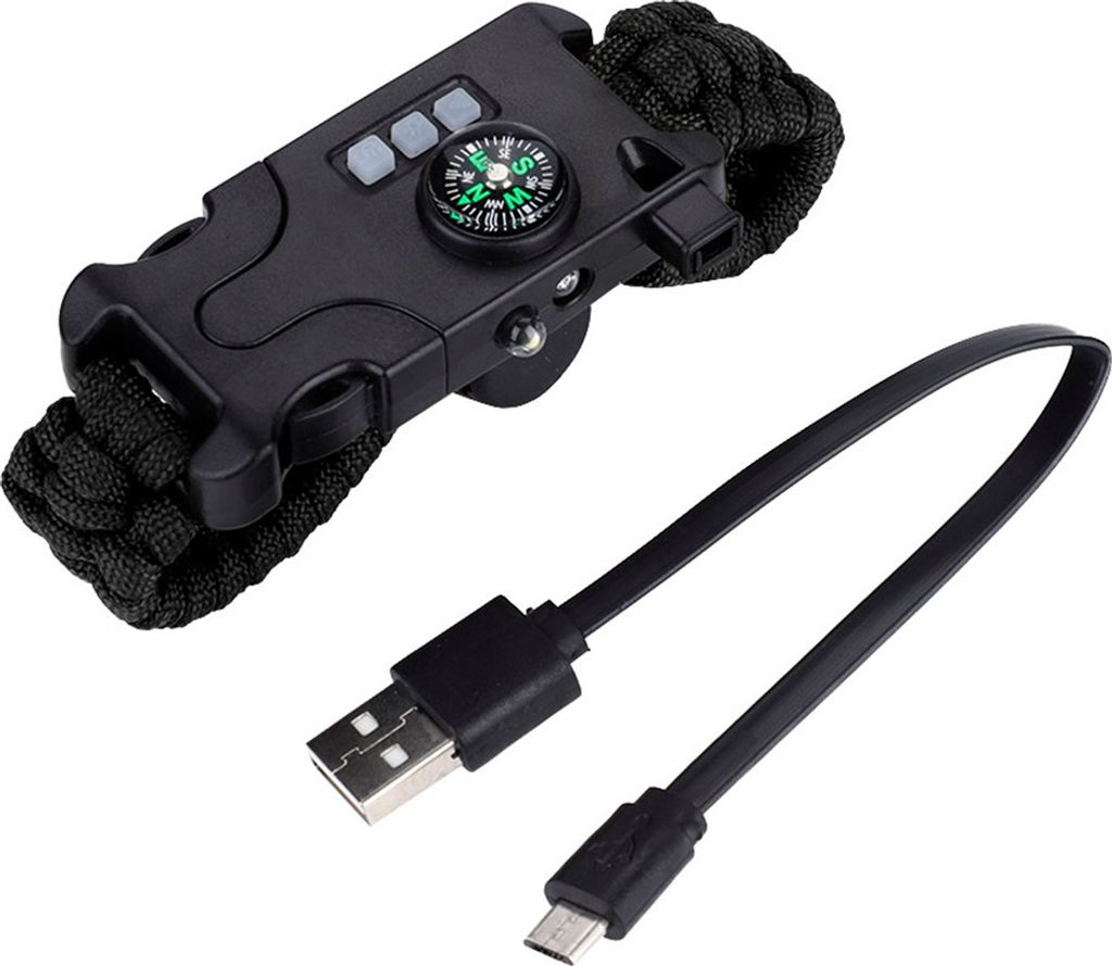 Outdoor Survival Pfeife Mini Kompass LED Taschenlampe Paracord Armband Armband Werkzeug (Schwarz)