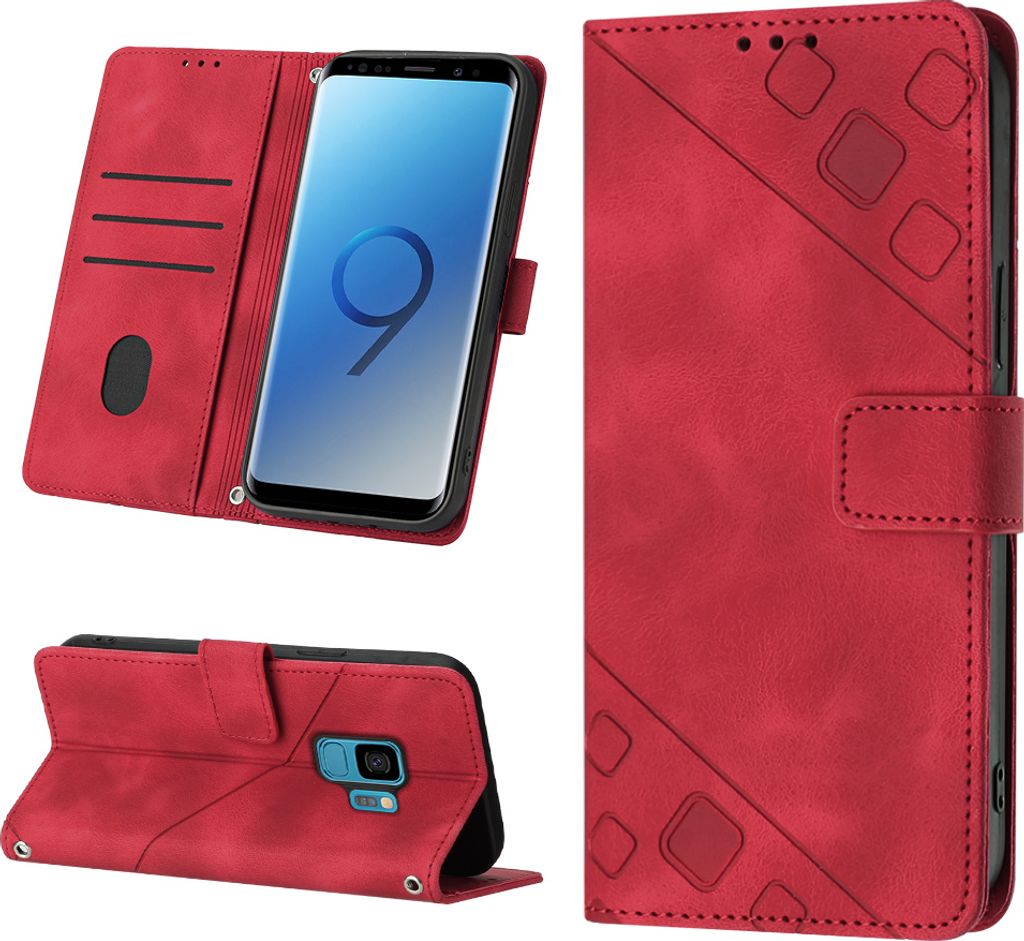 Hülle für Samsung Galaxy S9 Plus Prägung Flip Leder Brieftasche Schutzhülle mit Ständer Rot