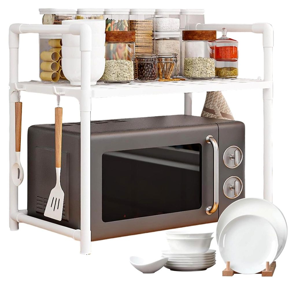 Mikrowellenregal | Halterung für Mikrowelle mit Haken, erweitertes Tablett, Gewürzaufbewahrung, doppelte Ebene, Halterung für Zuhause, Stauraum,...
