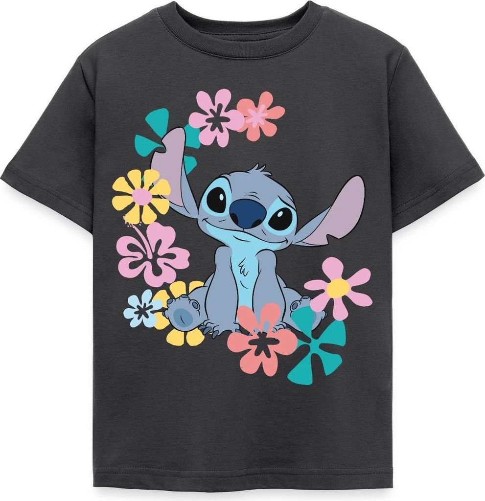 Lilo & Stitch | Stitch Mit Hawaiianischen Blumen Kinder T-Shirt, 110/116 (5-6 Jahre), Dunkelgrau