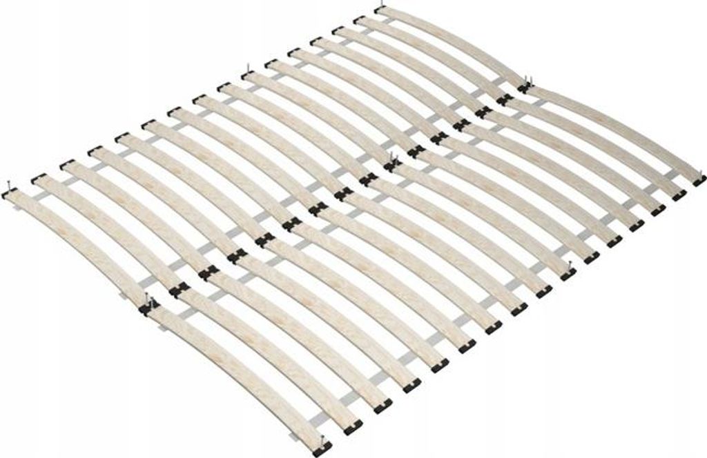A wooden bed slatted base is shown from a slightly elevated diagonal angle against a white background.