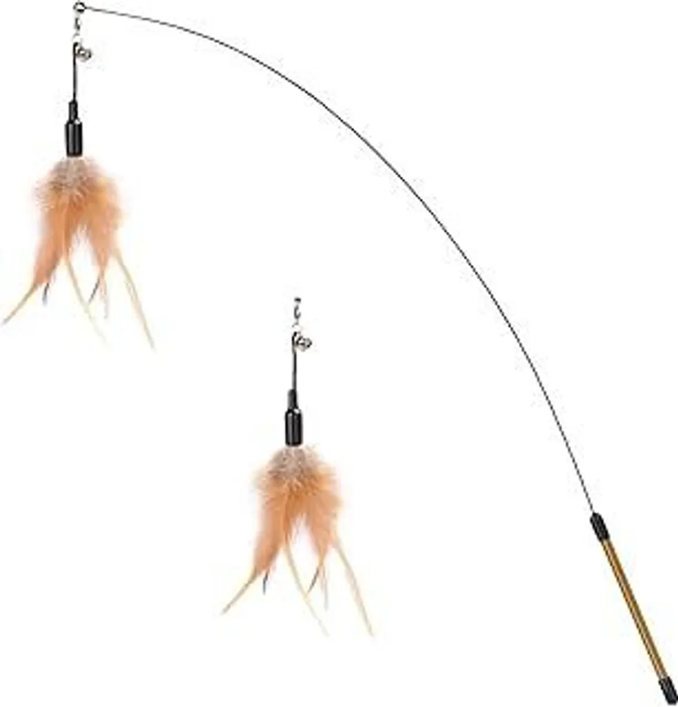 Giocattolo per gatti Pawaboo - Canna da pesca interattiva Giocattolo per gatti Bastoncino giocattolo per gatti Bastoncino giocattolo con piume e bastoncino da 88 cm e campanelli per gattini o gatti, piume marroni - 1