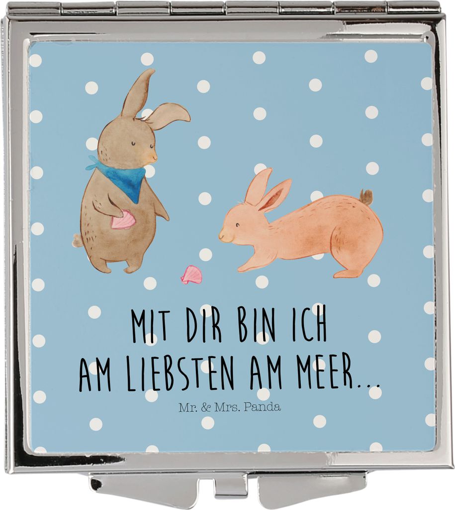 Mr. & Mrs. Panda Quadratischer Spiegel Hasen Muschel - Blau Pastell - Geschenk, Strand, Meer, BFF, Kosmetikspiegel, Muscheln, Muttertag, Schminkspi...