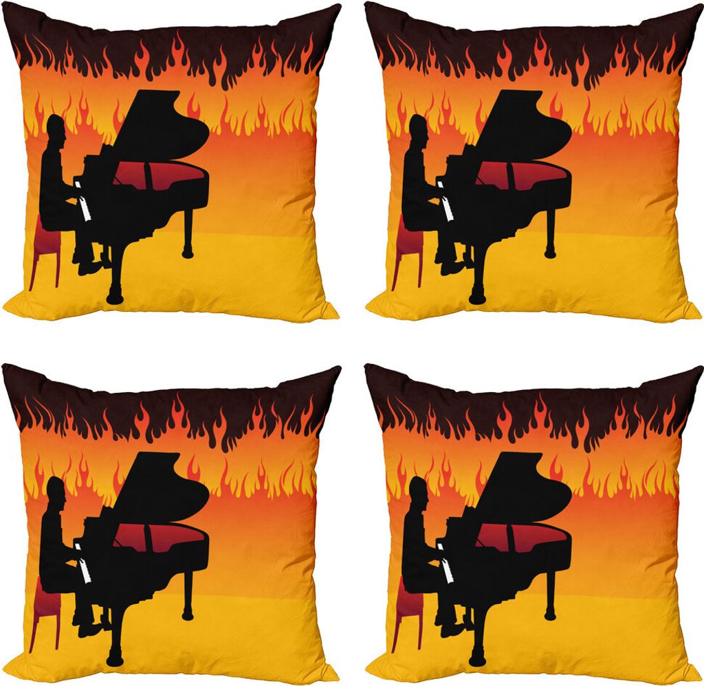 ABAKUHAUS Musik Kissenbezug Set (4 Stück), Pianist Man spielt auf Flammen, Moderner Doppelseitiger Digitaldruck, 60 cm x 60 cm, Marigold Multicolor