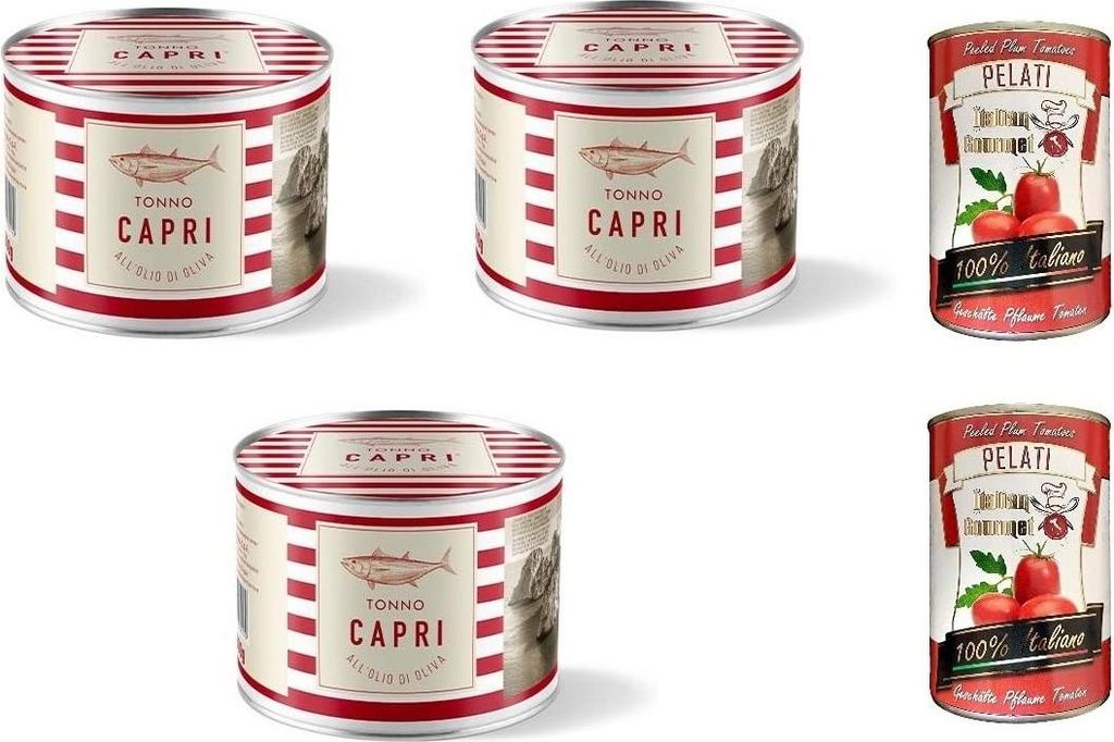 3x Capri Linea Catering Tonno all'Olio di Oliva Thunfisch in Olivenöl 1730g Dose + Italian Gourmet 100% italienische geschälte Tomaten dosen 2x 400g