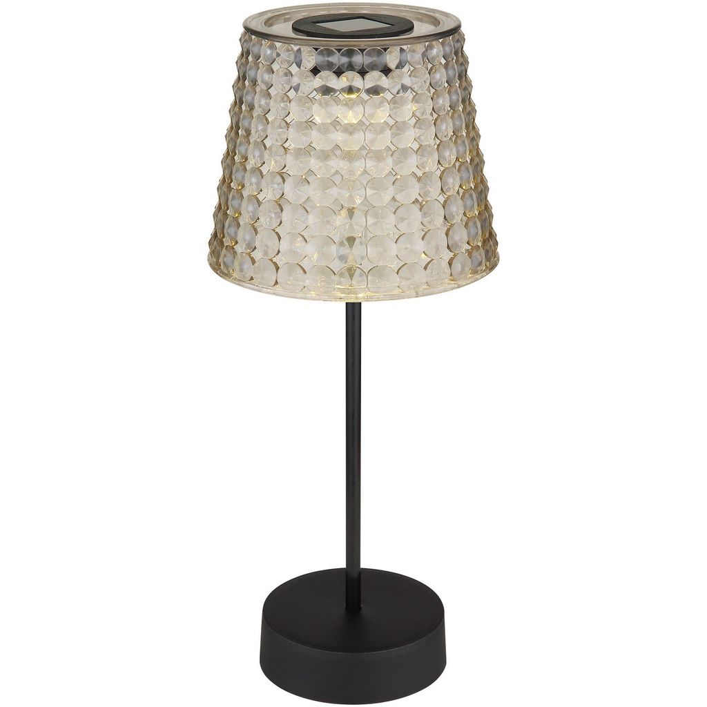 A solar-powered table lamp with a textured, clear lampshade and a black base and stem, set against a white background.