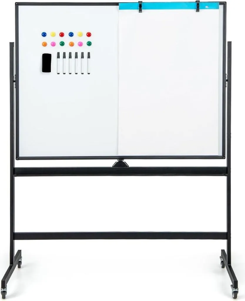 Tableau blanc mobile double face quadrillé 120x90 cm noir avec support - 2