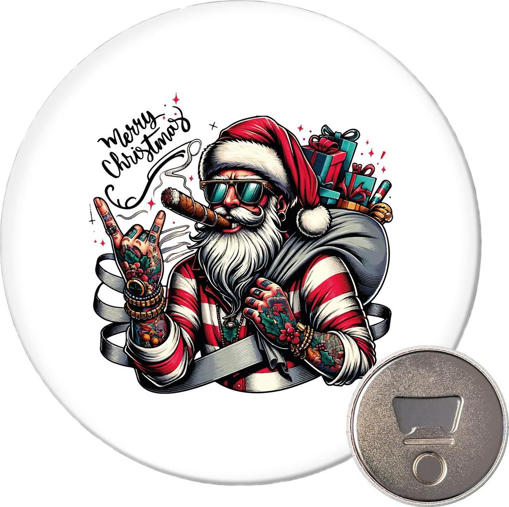 Huuraa Magnet Cooler Weihnachtsmann Merry Christmas 59mm Kühlschrankmagnet rund Flaschenöffner Geschenkidee