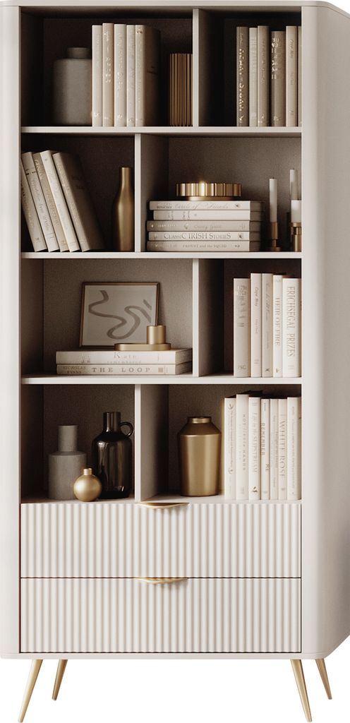 MIRJAN24 Regal Lante, Bücherregal mit zwei Schubladen, Metallfüße und Aluminiumgriffe, 88x38x194 cm (Farbe: Beige)