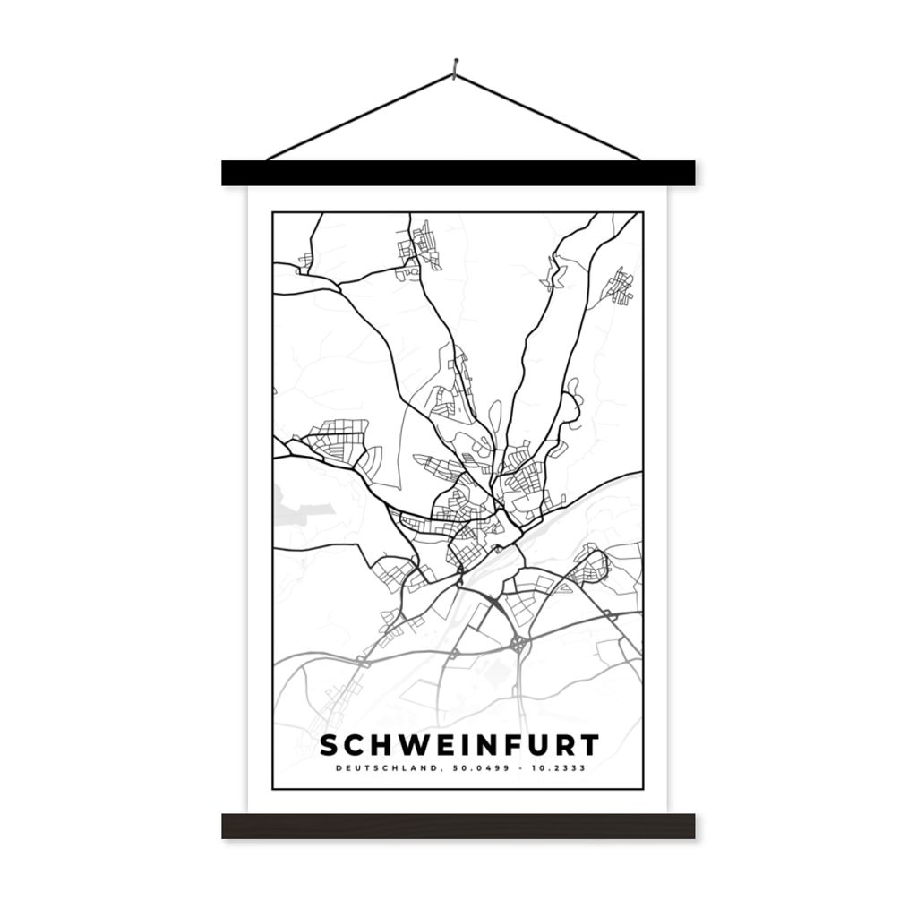 MuchoWow Textilposter Karte - Schweinfurt - Stadtplan 120x180 cm mit schwarzem Rahmen - Fotos