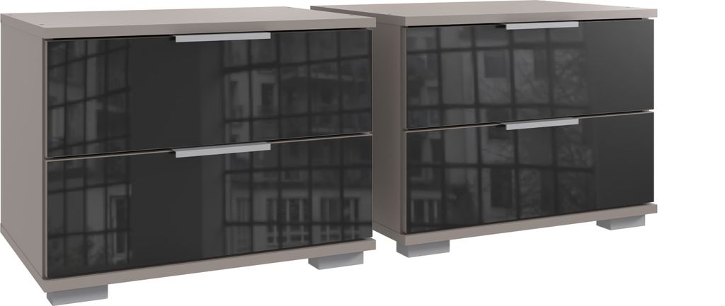 Nachtkommode >Easy Plus< (2er-Set) je 2 Schübe, SAHARAGRAU+GLAS SCHWARZ - 52x40x38 (BxHxT)