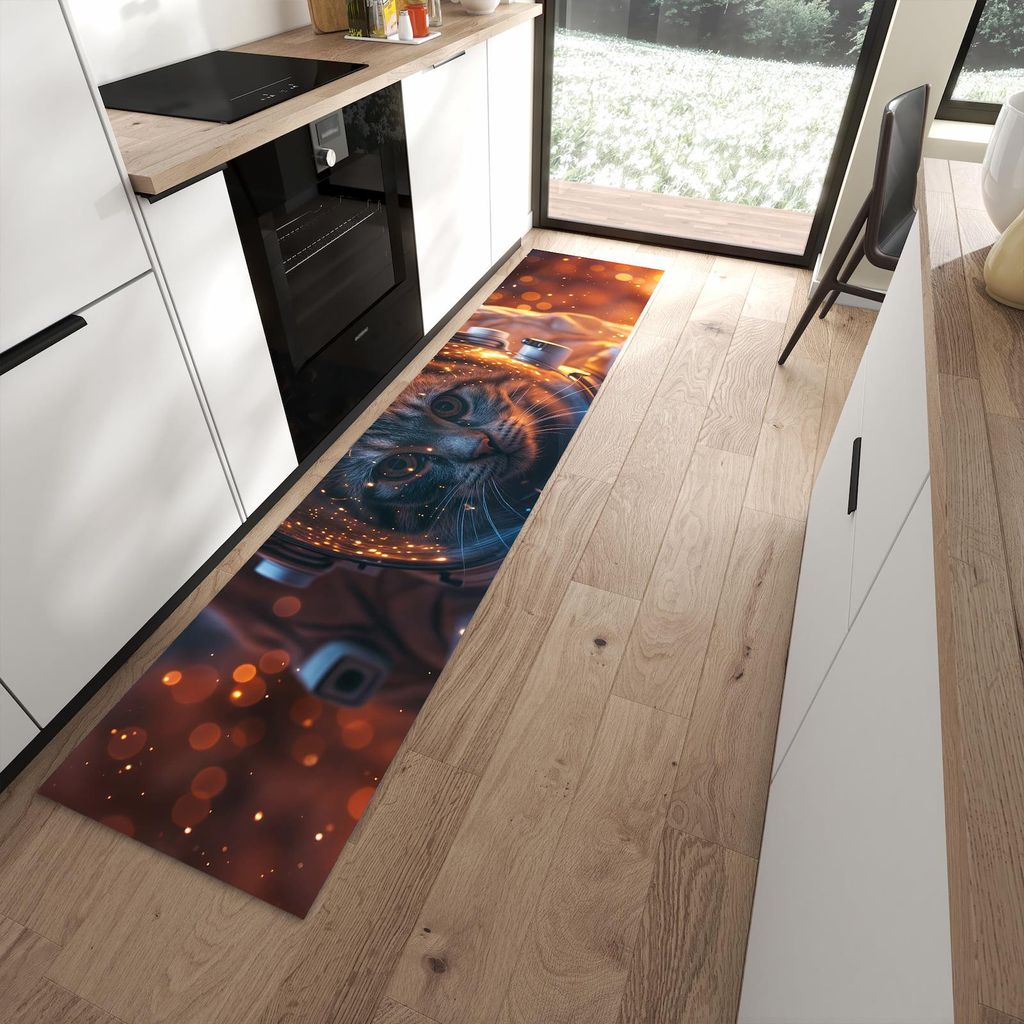 Küchenteppich 60x270cm rutschfest & abwischbar PVC Läufer - Katze im Raumanzug