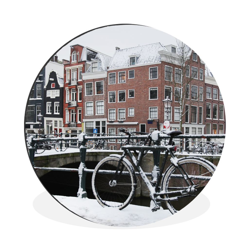 MuchoWow Aluminium Wandkreis Amsterdam - Fahrrad - Winter Ø 30 cm Wanddeko Modern Wohnzimmer - Wand Bild - Wohnzimmer - Runde Bilder - Alubilder...