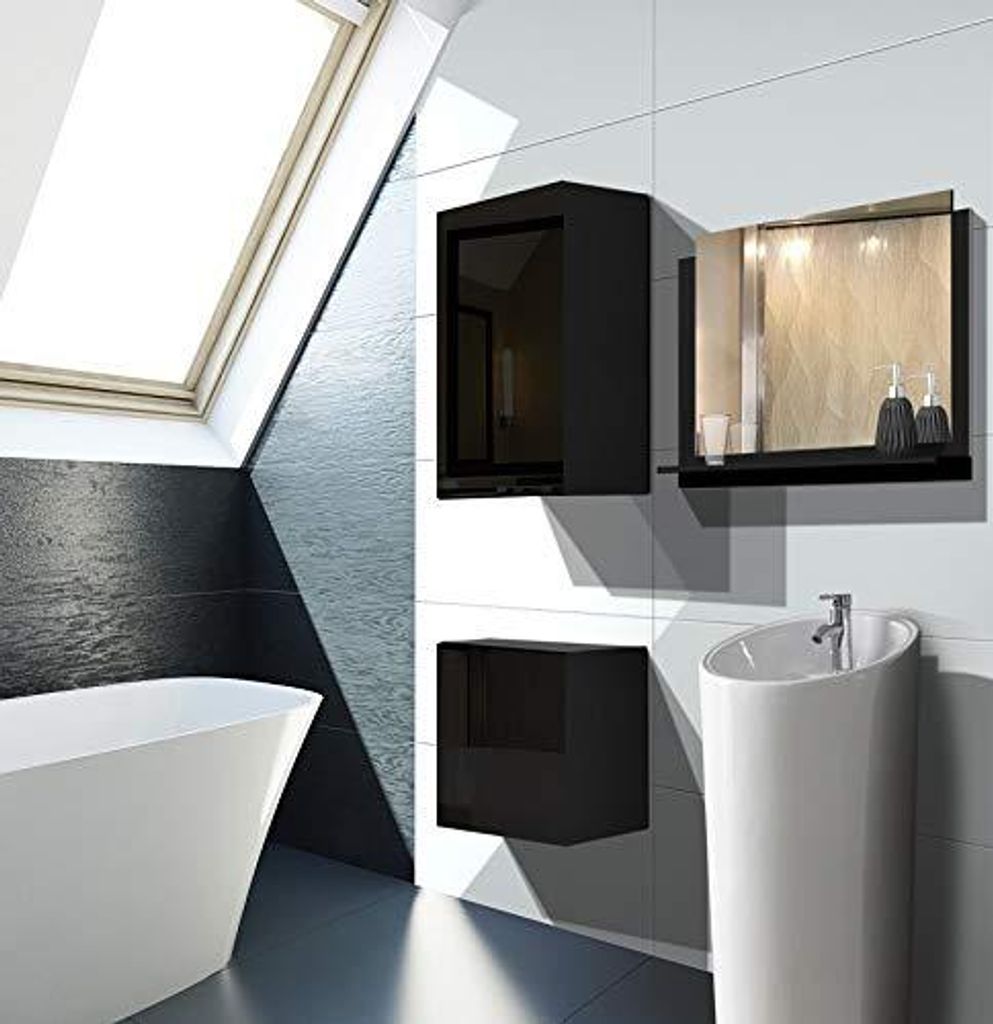 Furnitech ALIUS 18 Badezimmer Bademöbel Badeschränke Spiegel Set (Möbel ohne LED, Schwarz)