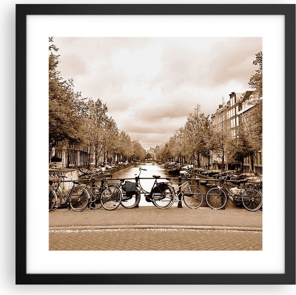 Gerahmtes Poster - Schwarzer Rahmen - Kanal Fahrräder Amsterdam Zentrum - 40x40 cm - Wand Bild - Wanddeko - Wandbilder - Wandposter - Bilderrahmen...