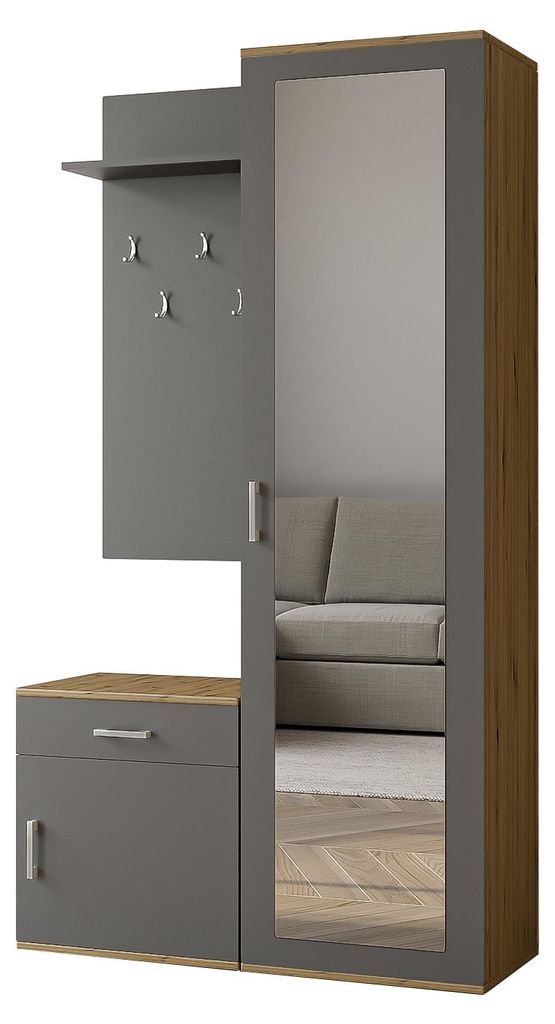 Margaret Hadas24 Garderobe PATRICIA 100 cm mit Spiegel, Flurgarderobe mit Schuhschrank und Schublade, Dielengarderobe, Garderobenset (artisan, grau)
