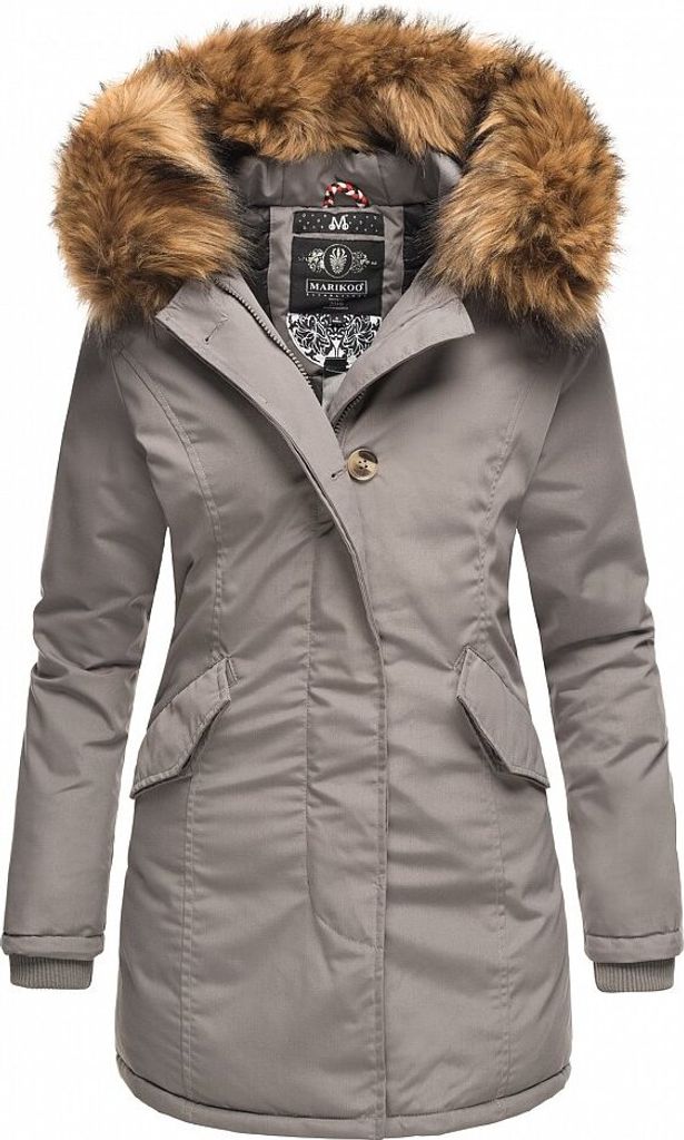 Marikoo Karmaa Damen Winter Jacke Stepp Parka Mantel Winterjacke warm gefüttert Grau mit Dunklem Fell Gr. 34 - XS