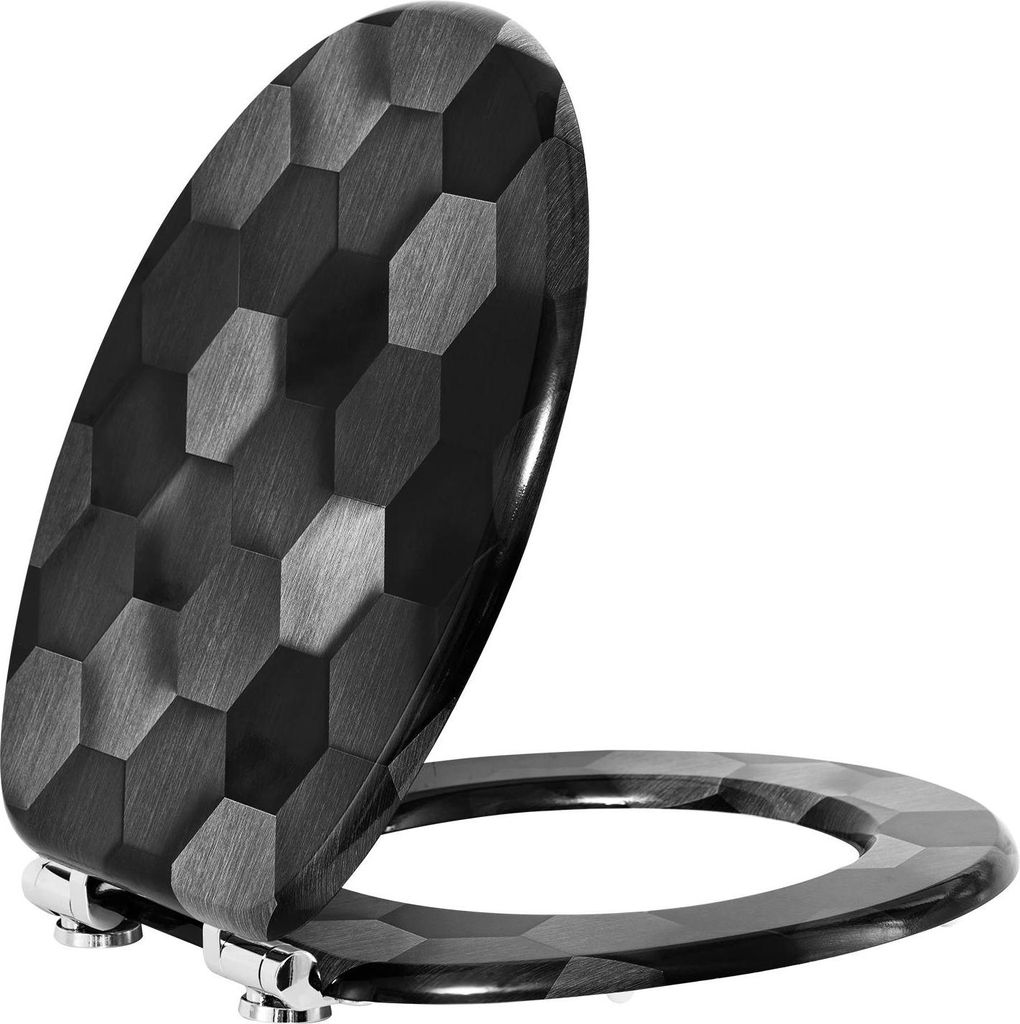 WC-Sitz - O-Form - Softclose - Mit Deckel - Verstellbare Scharniere - Holz - Offene Front - Wabenmuster Grau