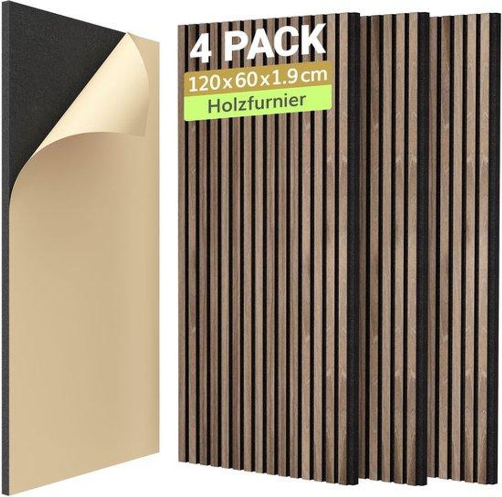 Tonor akoestische 3D wandpanelen met houtlook, zelfklevend, 120x60 cm, 1,9 cm dik, 4 stuks, notenhout