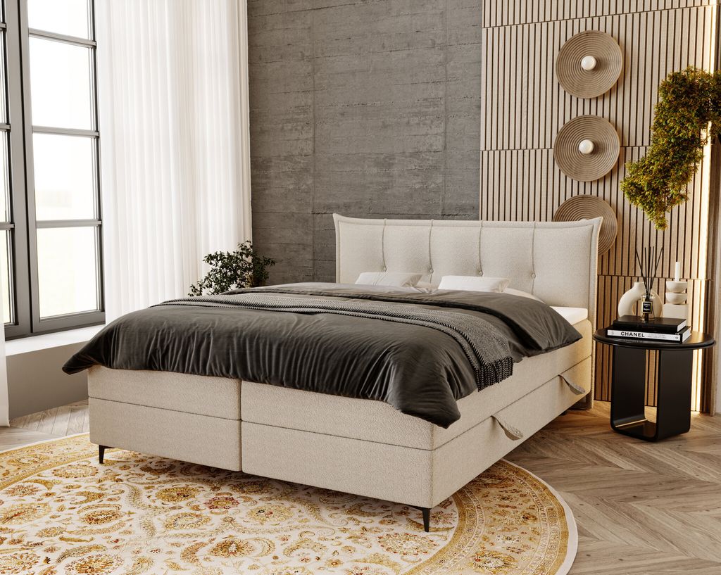 Boxspringbett mit Bonell-Matratze 180x200 Liron - Doppelbett, Bettkasten, Topper, Designer-Bett, Bouclé-Stoff (Creme - Anthology 1)