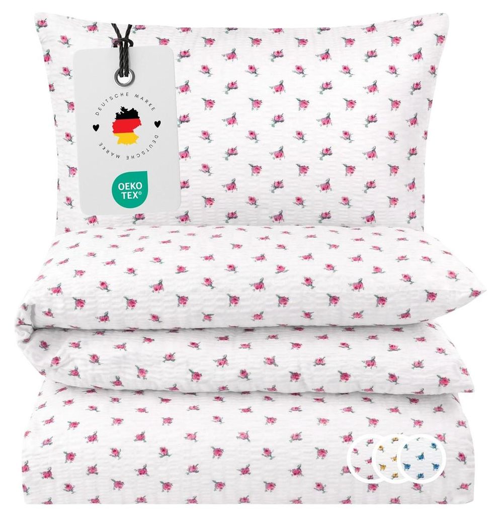 Seersucker Bettwäsche 135x200 Landhaus Rose Rosa Sommer Bettwäsche geblümt Bettbezug 135 x 200 - Bügelfrei