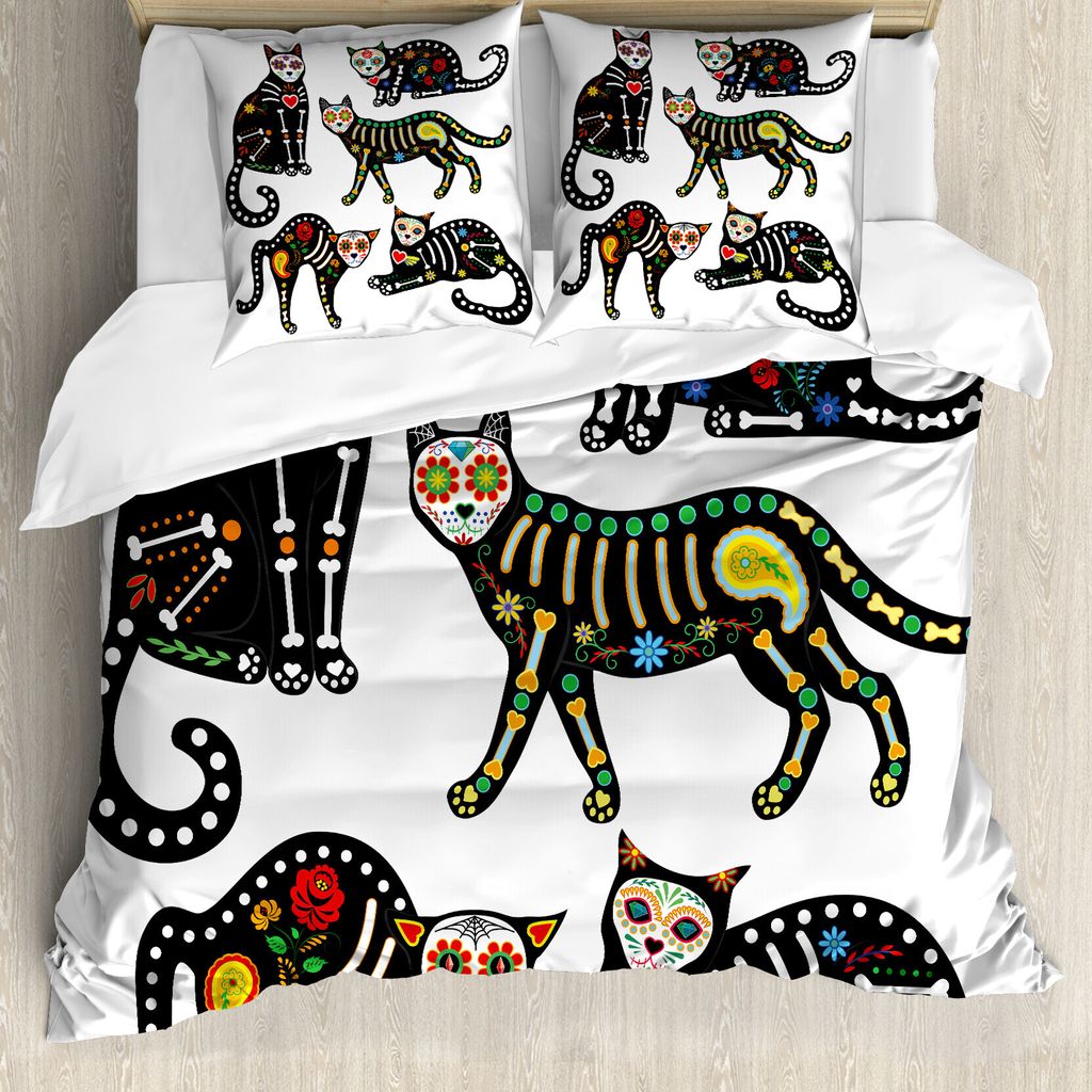 ABAKUHAUS Zuckerschädel Bettbezug, Aufwändige Schwarze Katzen, Milbensicher Allergiker geeignet mit Kissenbezügen, 200 cm x 200 cm - 80 x 80 cm,...