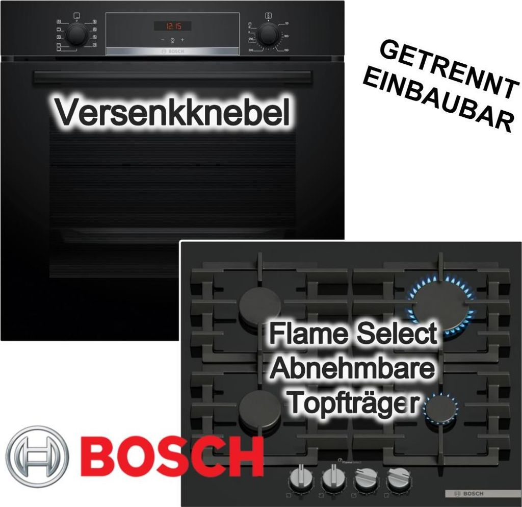BOSCH Herdset LED Display Hydrolytische Reinigung + Gaskochfeld 60 cm Flame Select Zündsicherung schwarz rahmenlos