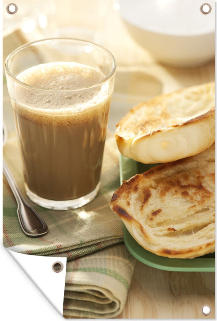 MuchoWow 40x60 cm Outdoor-Poster Gartendeko Sichtschutz Garten Poster für den Garten Latte Macchiato mit Butter und Brot