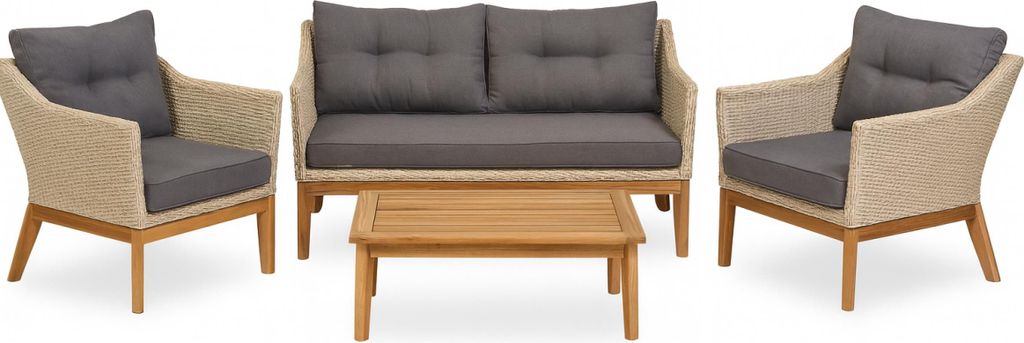 Endorphin Larissa Lounge Set – 4 tlg., 2 Sessel, 1 Sofa, Polyrattan mit Akazie teak look, 1 Tisch Akazie teak look