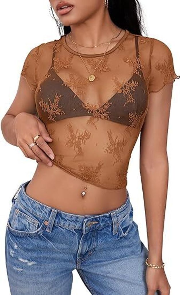 2024 Damen Kurzes Mesh Oberteil mit Spitze, Transparent, Kurze Ärmel, Rundhals, Sommer y Y2K Bluse