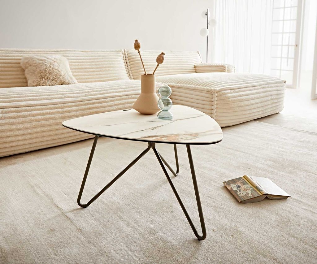 DELIFE Couchtisch Ekrem 65x65 cm Keramik Calacatta Luxe Weiß-Gold-Grau Hairpin rund Metall Effektfinish Titan