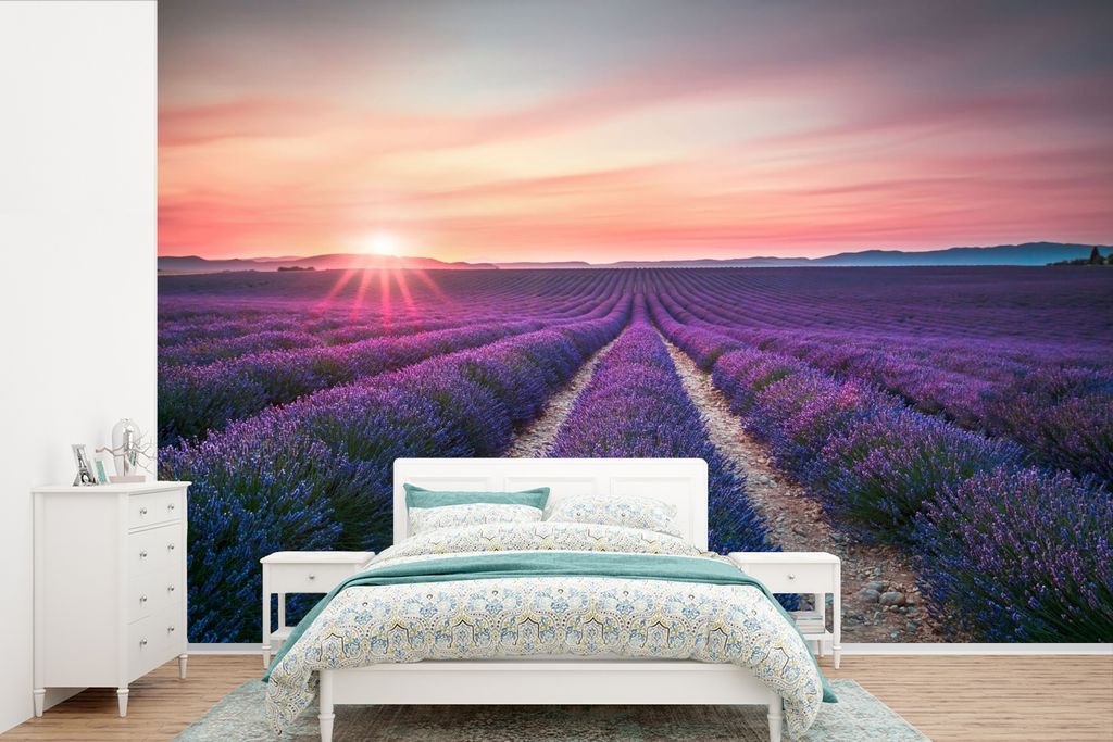 MuchoWow Fototapete für Wohnzimmer oder Schlafzimmer Wandtapete Vinyl Motivtapete Lavendel - Lila - Blumen - Himmel - 330x220 cm - Fototapeten