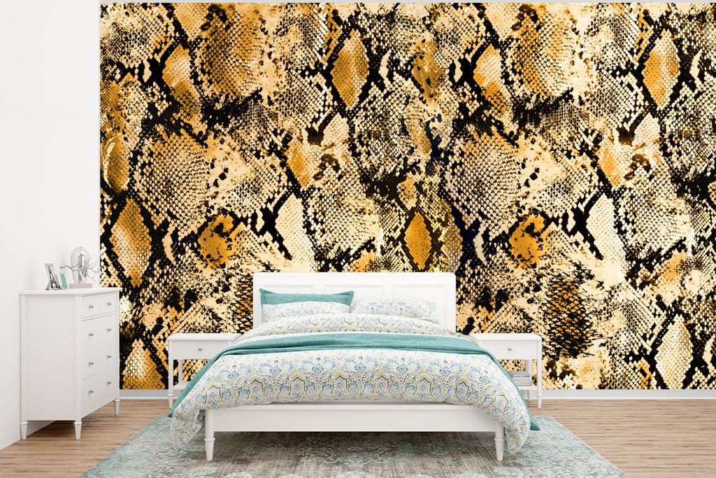 MuchoWow Fototapete für Wohnzimmer oder Schlafzimmer Wandtapete Vinyl Motivtapete Tiermuster - Schlange - Gold - 400x300 cm - Papiertapeten